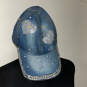Blue denim vintage baseball cap with rhinestones and heart design